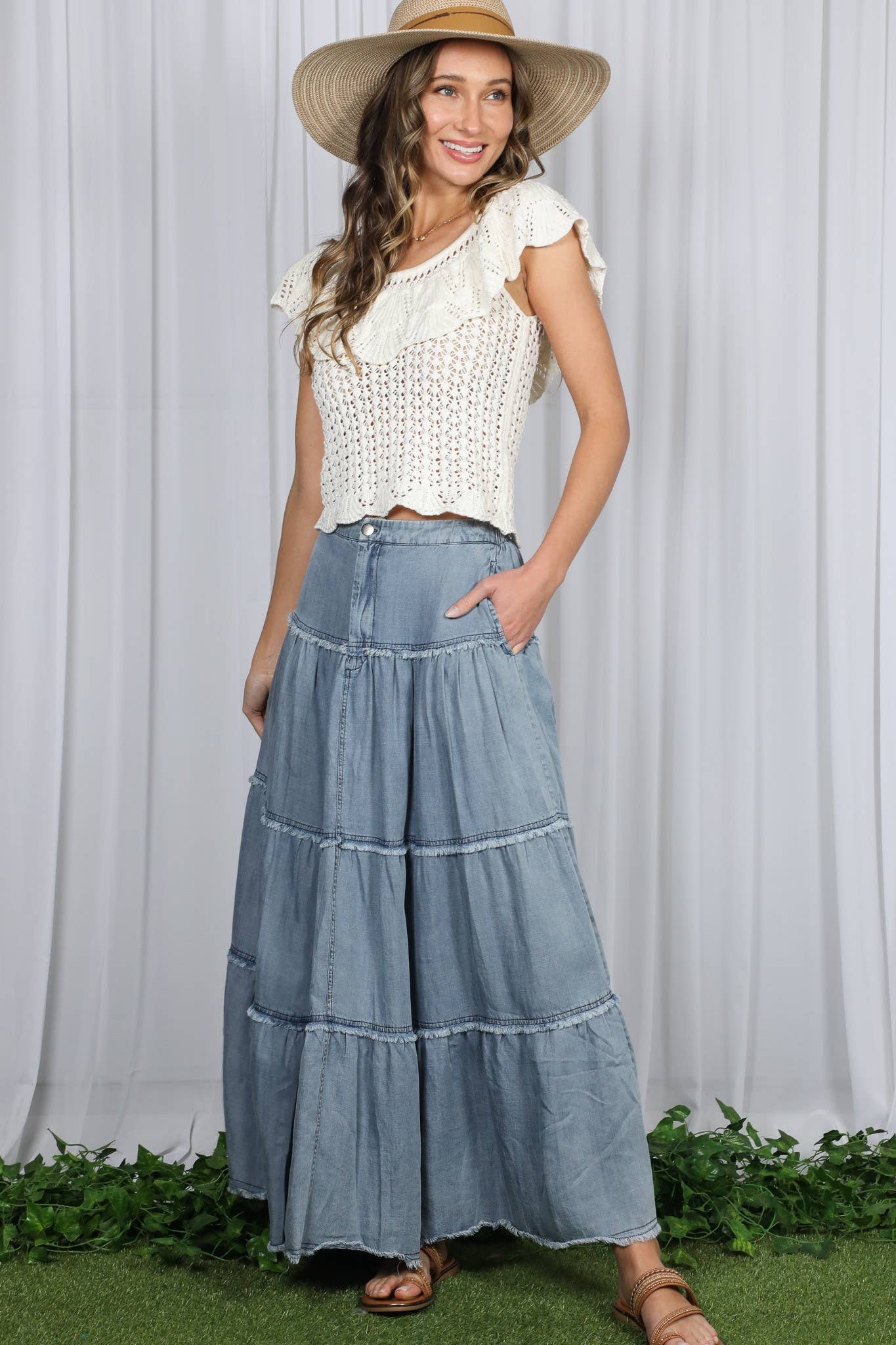 Tiered Denim Maxi Skirt