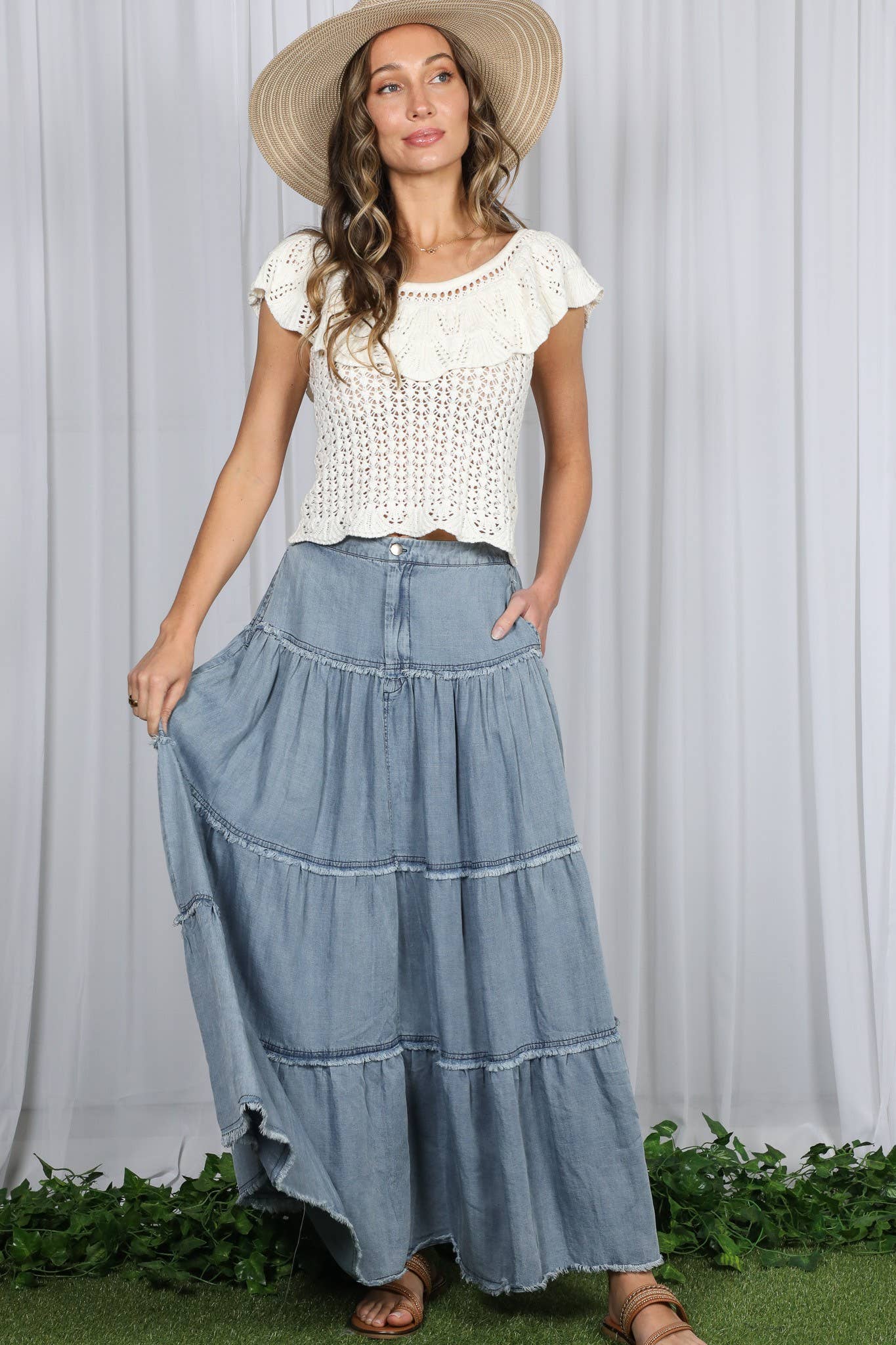 Tiered Denim Maxi Skirt