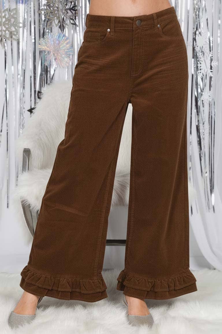 Corduroy Wide-Leg Ruffle Pants