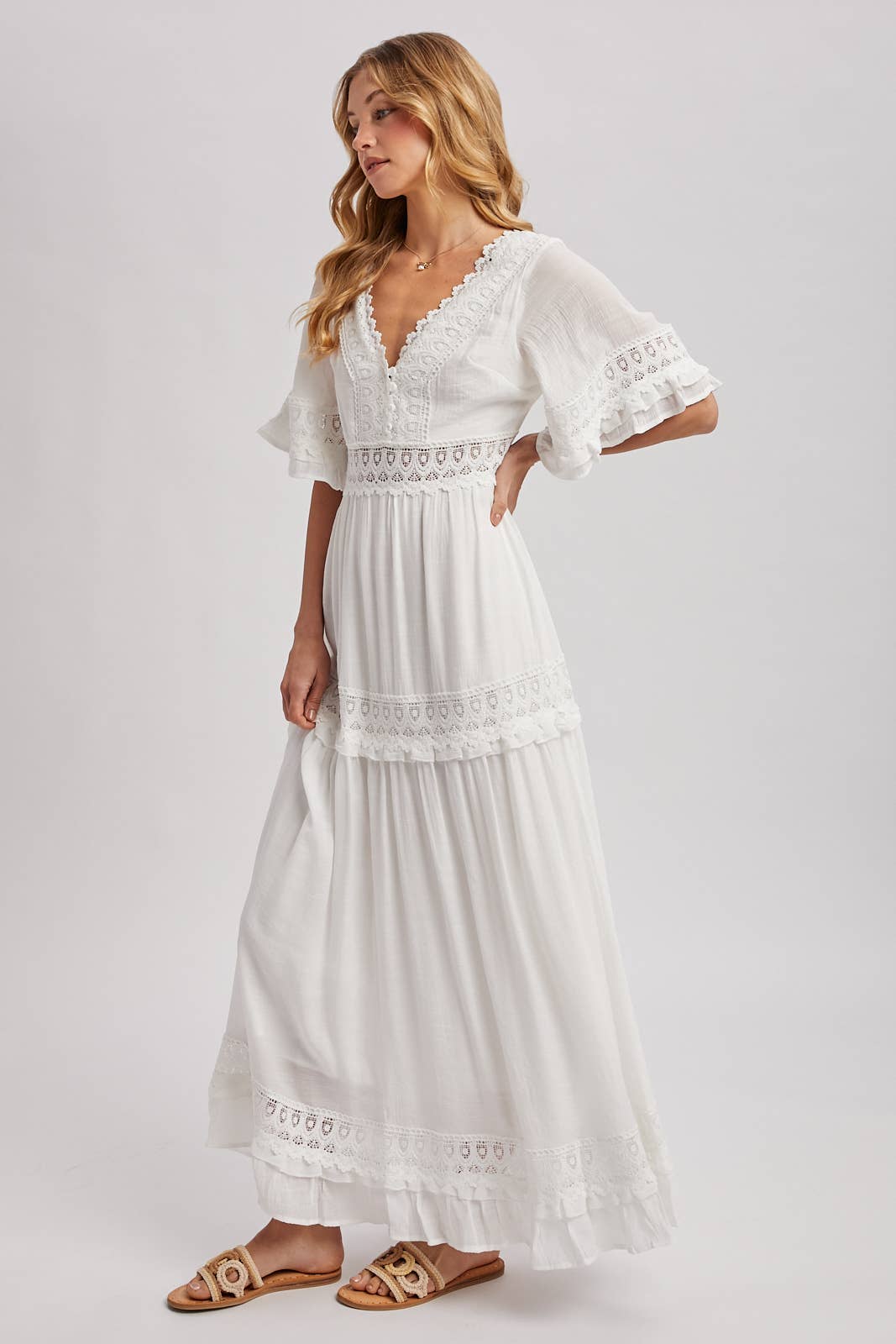V-NECK LACE TRIM MAXI
