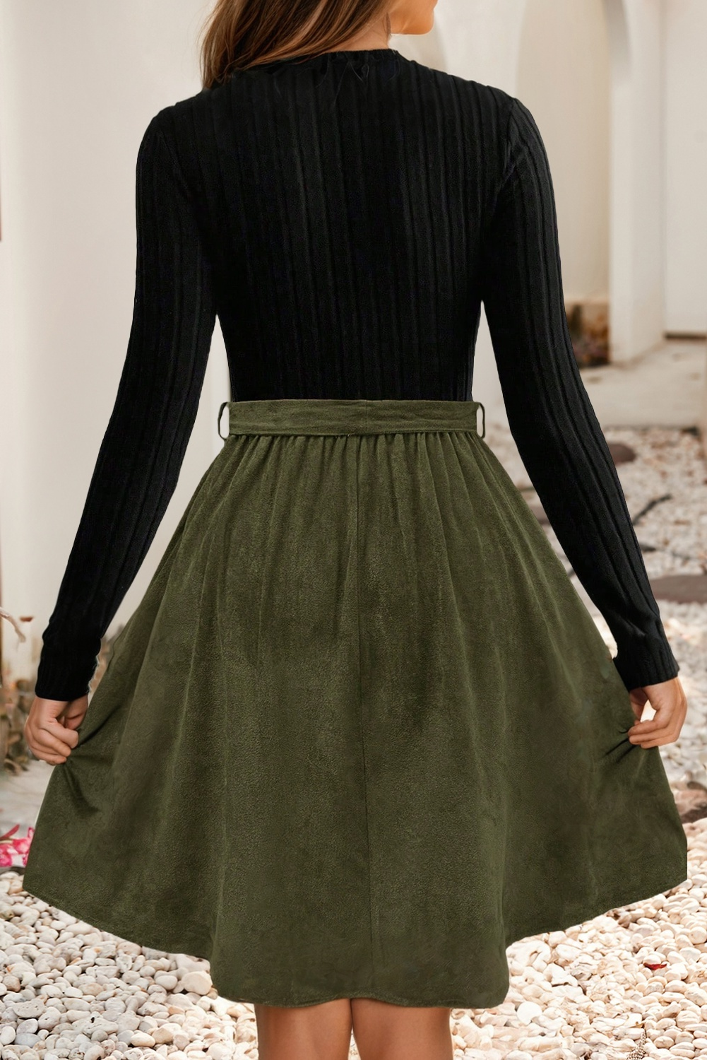 Ribbed Top Belted Dress