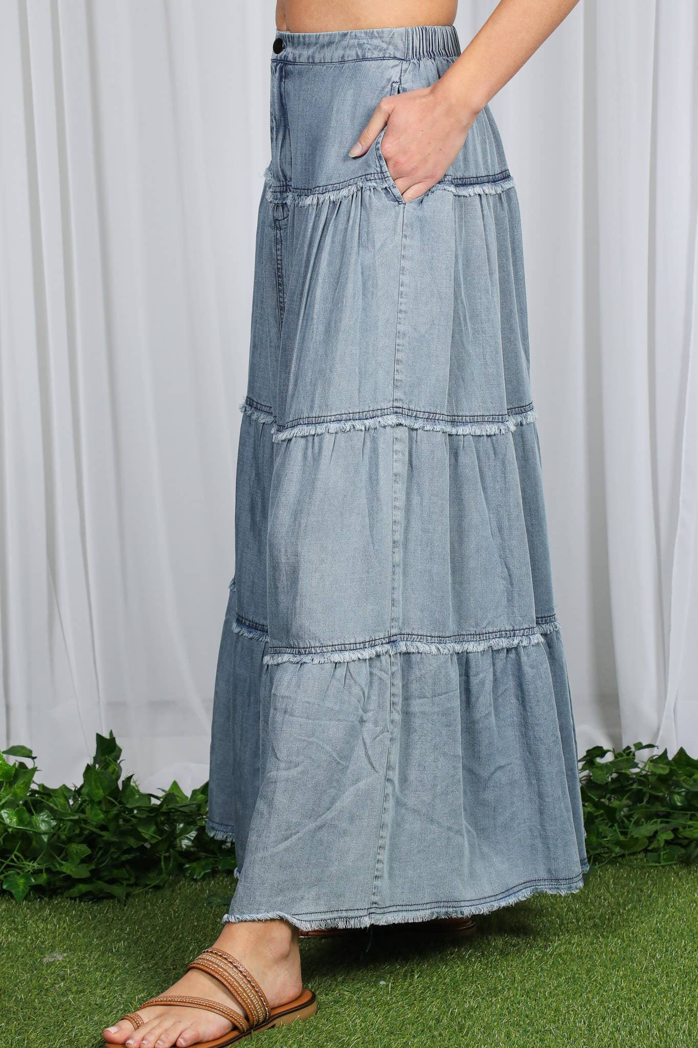 Tiered Denim Maxi Skirt
