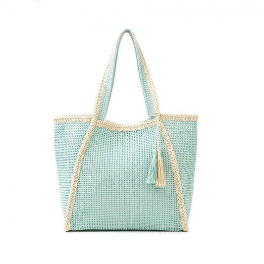 Aqua Straw Tote Bag