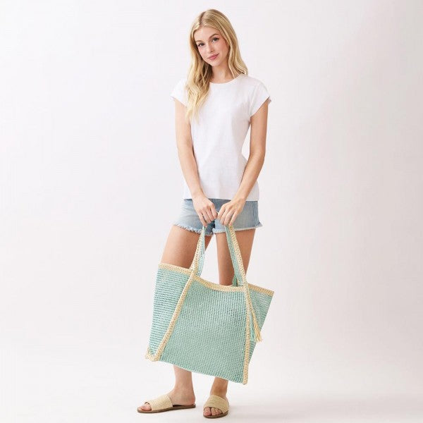 Aqua Straw Tote Bag