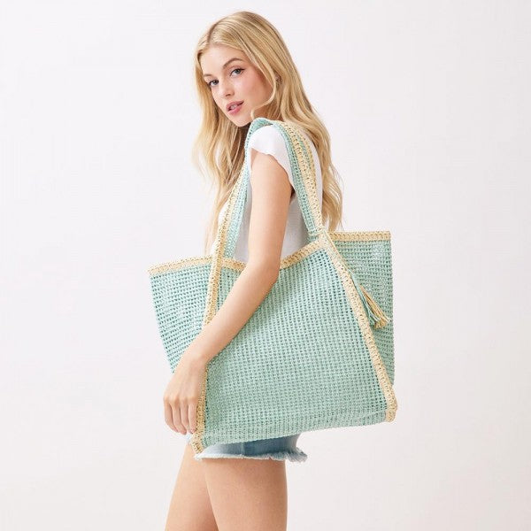 Aqua Straw Tote Bag