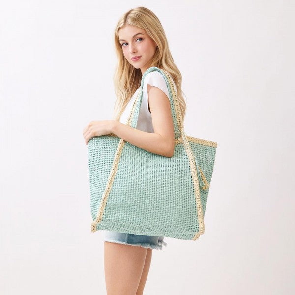 Aqua Straw Tote Bag