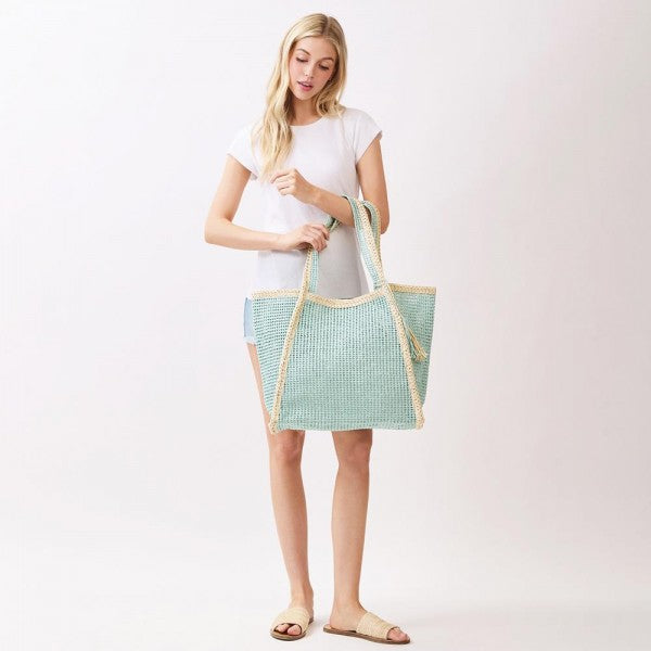Aqua Straw Tote Bag