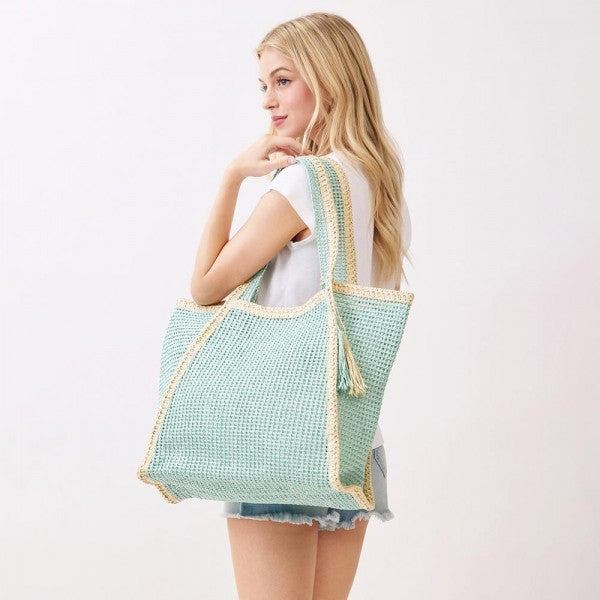 Aqua Straw Tote Bag