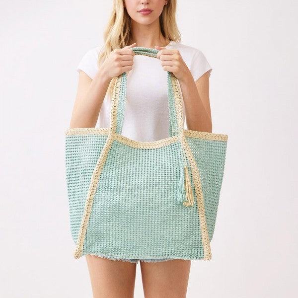 Aqua Straw Tote Bag