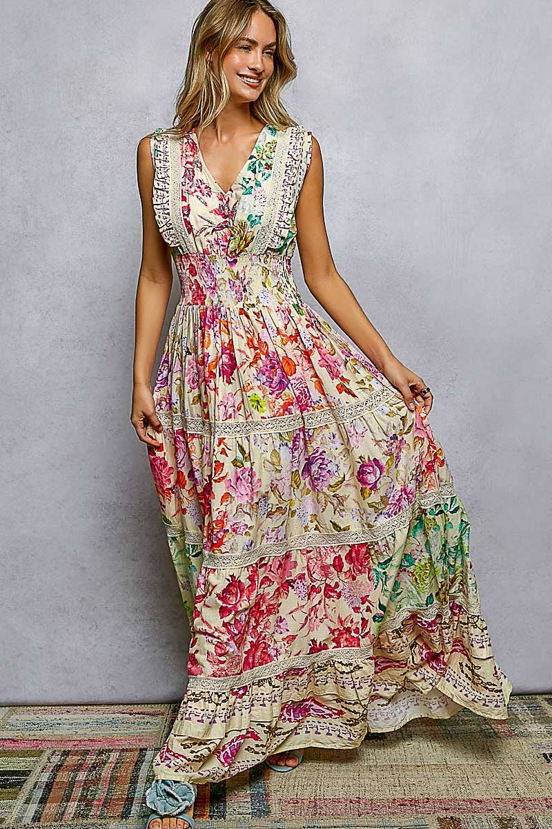 V-neck Smocked Floral Maxi Dress