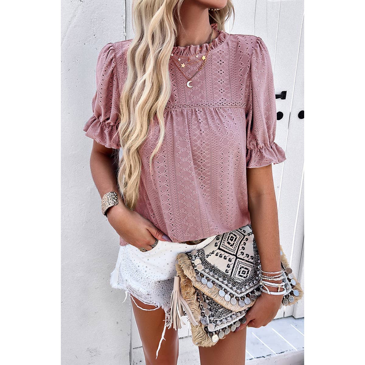 Lace Hollow Out Ruffle Loose Fit Blouse