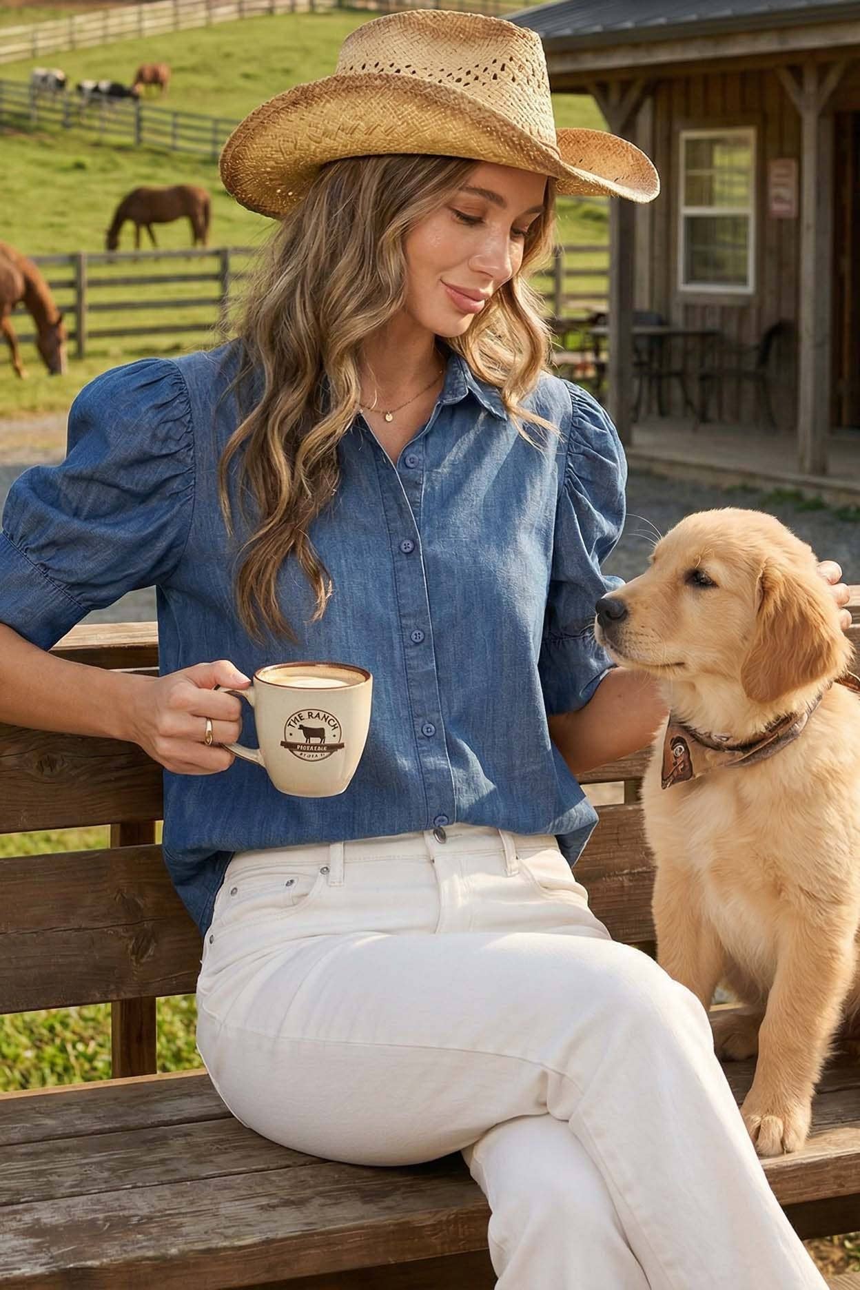 Puff-Sleeve Chambray Shirt
