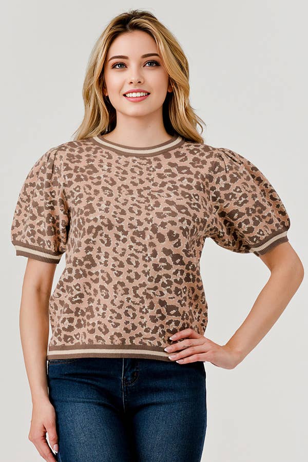 Leopard Puff Sleeve Sweater Top