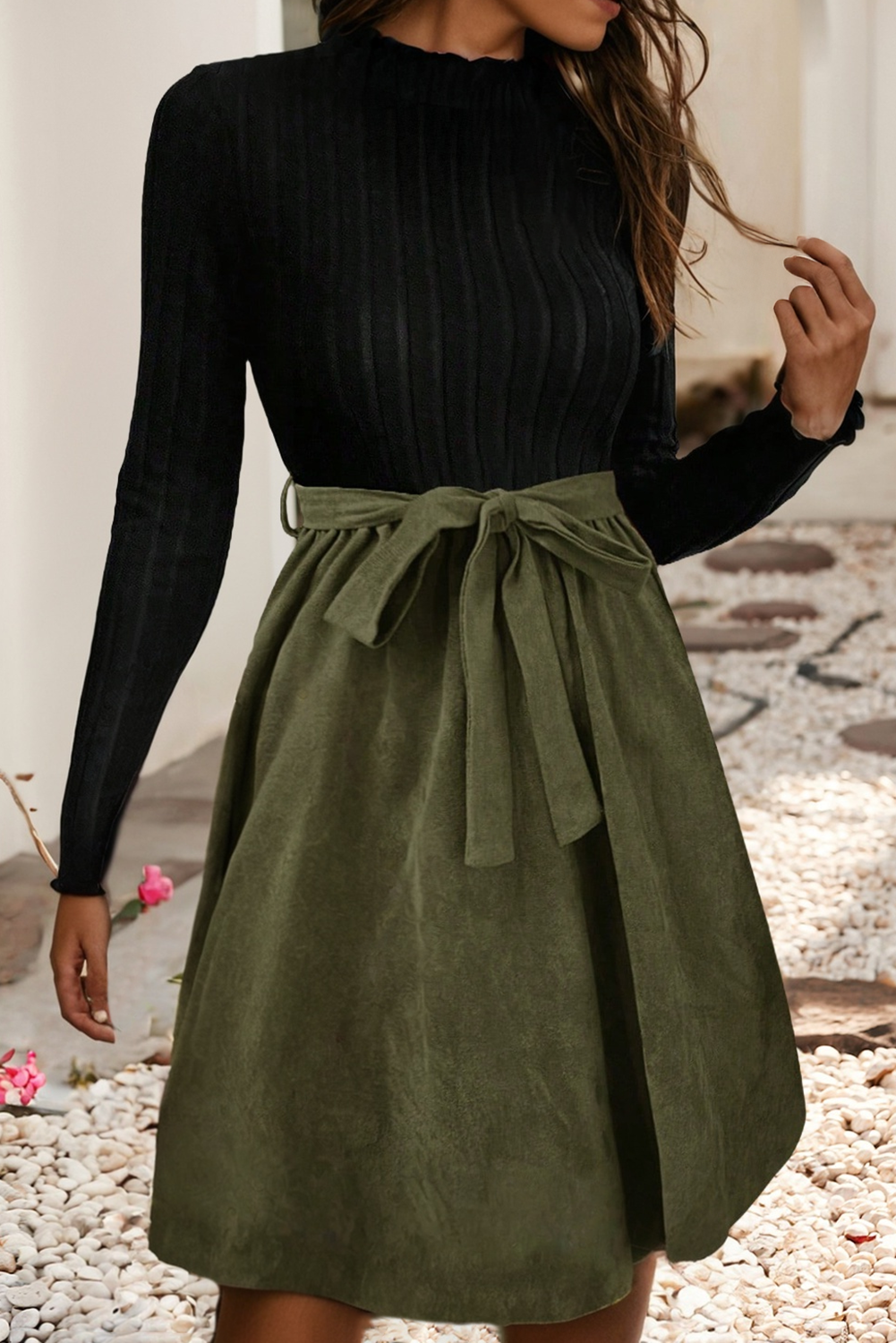 Ribbed Top Belted Dress