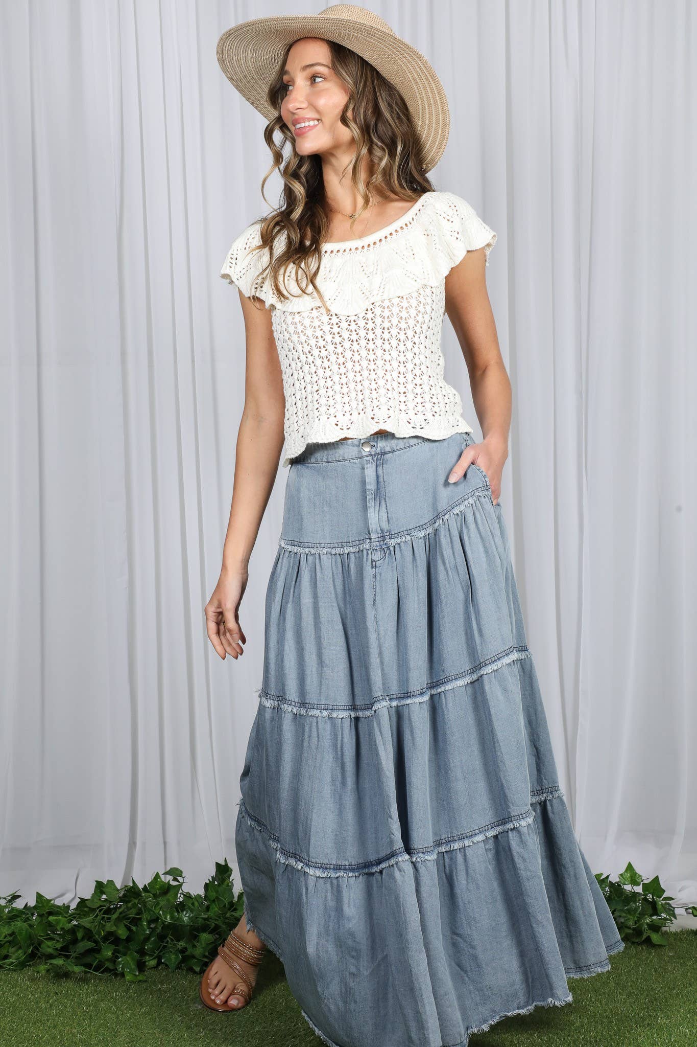 Tiered Denim Maxi Skirt