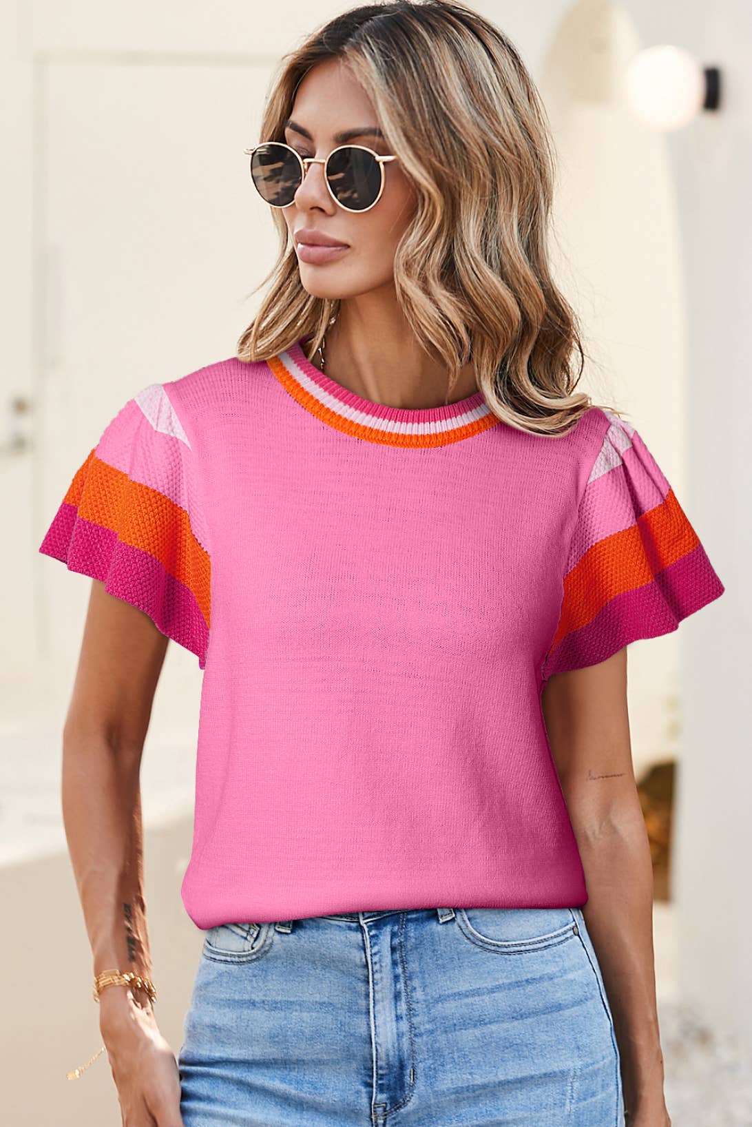 LDC Knitted Contrast Sleeve Round Neck Tee