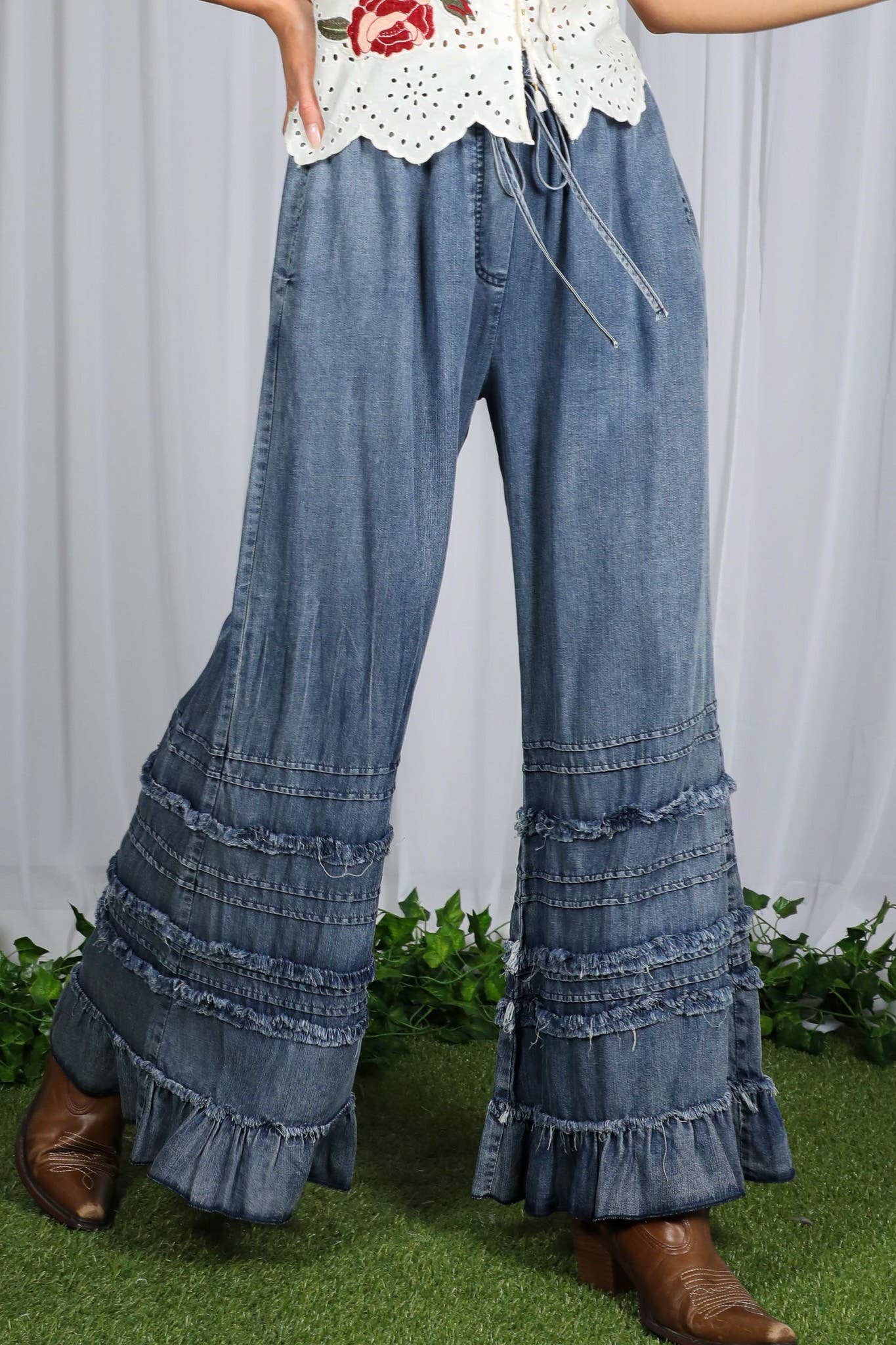 Ruffle Hem Chambray Pants