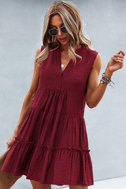 V Neck Solid Ruffle Sleeveless Dress