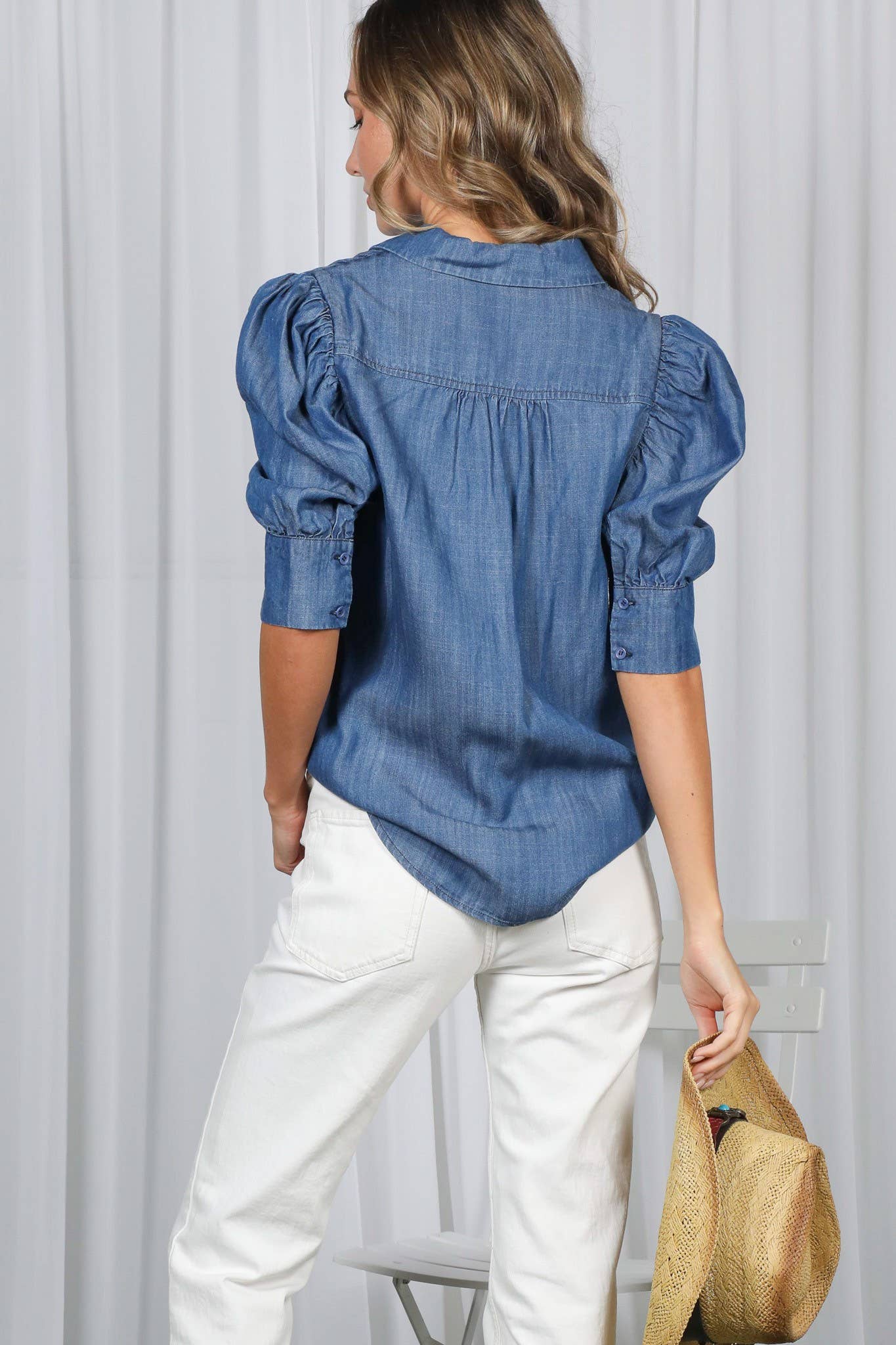 Puff-Sleeve Chambray Shirt