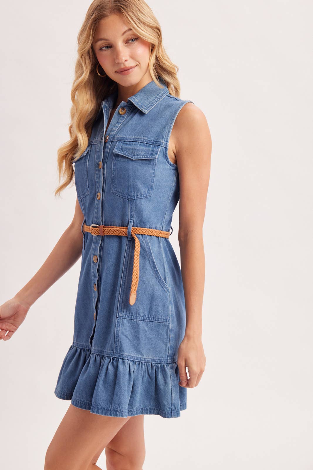 BUTTON DOWN DENIM DRESS W/BELT