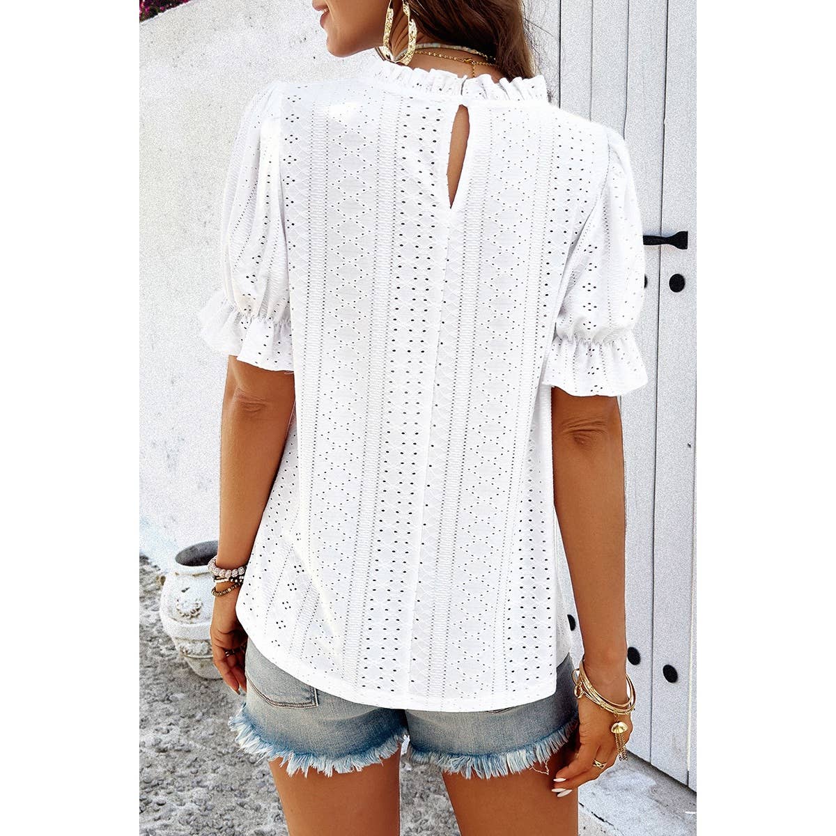 Lace Hollow Out Ruffle Loose Fit Blouse