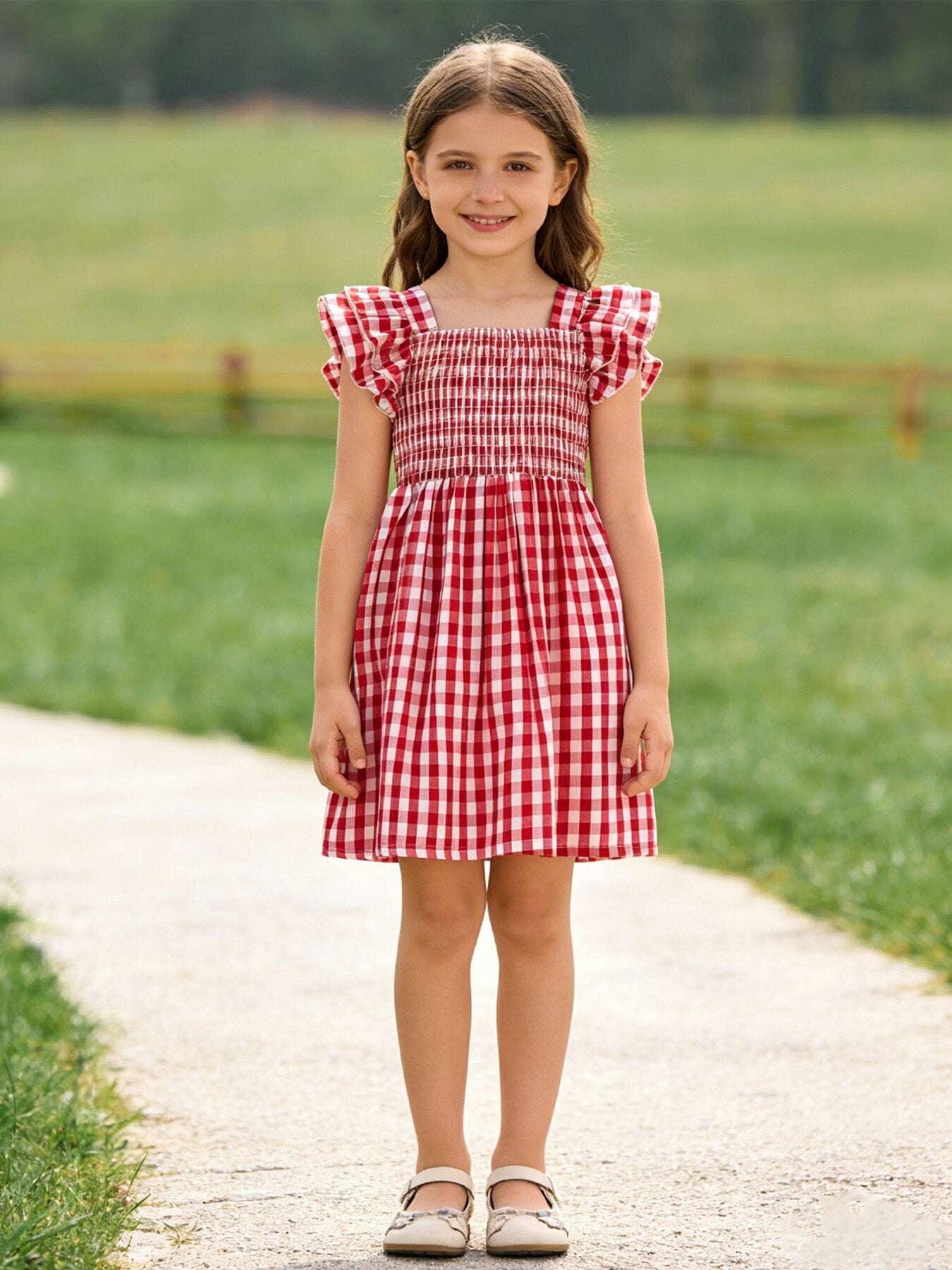 Red Checked Smocked Dress
