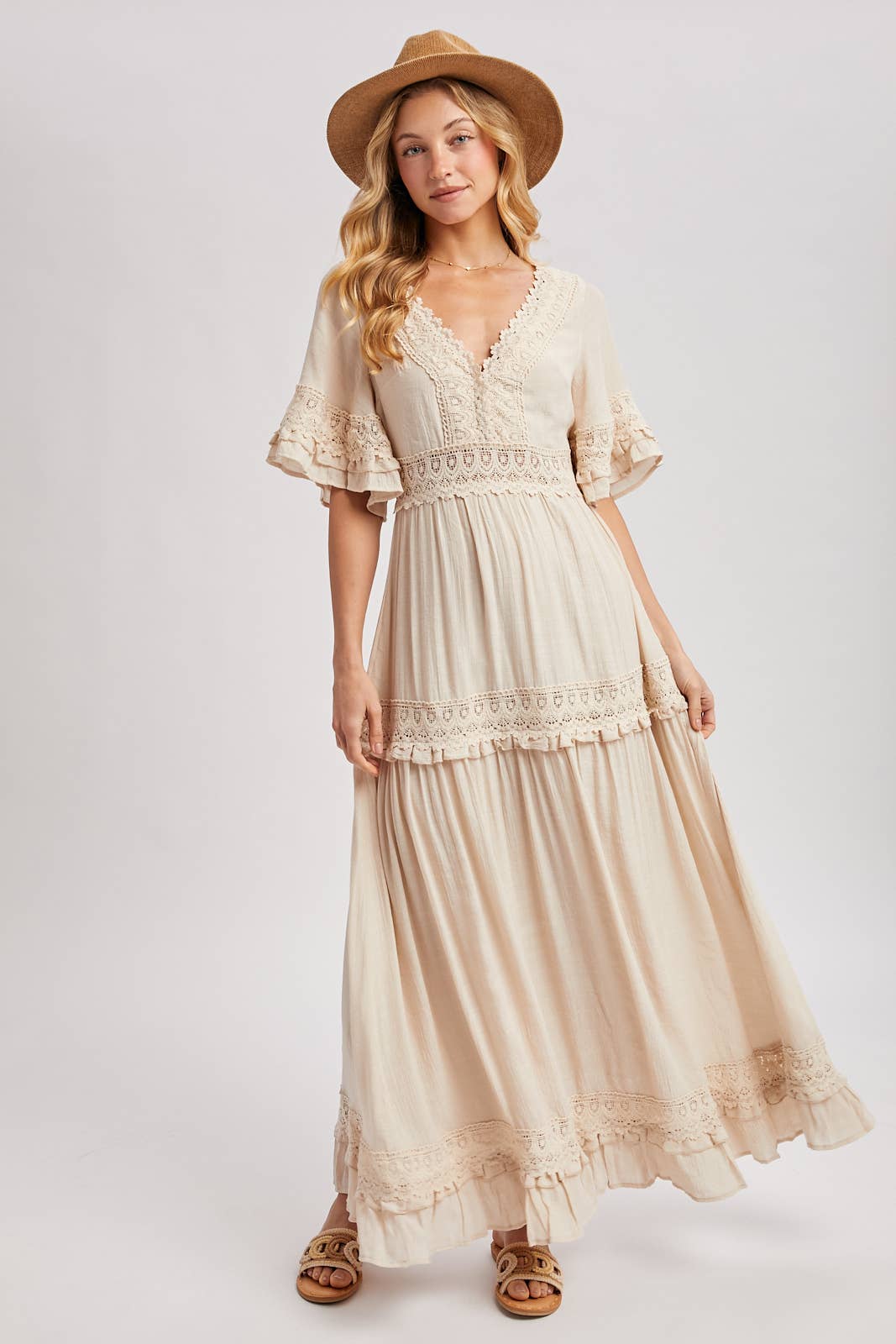 V-NECK LACE TRIM MAXI