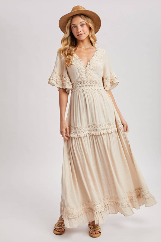 V-NECK LACE TRIM MAXI