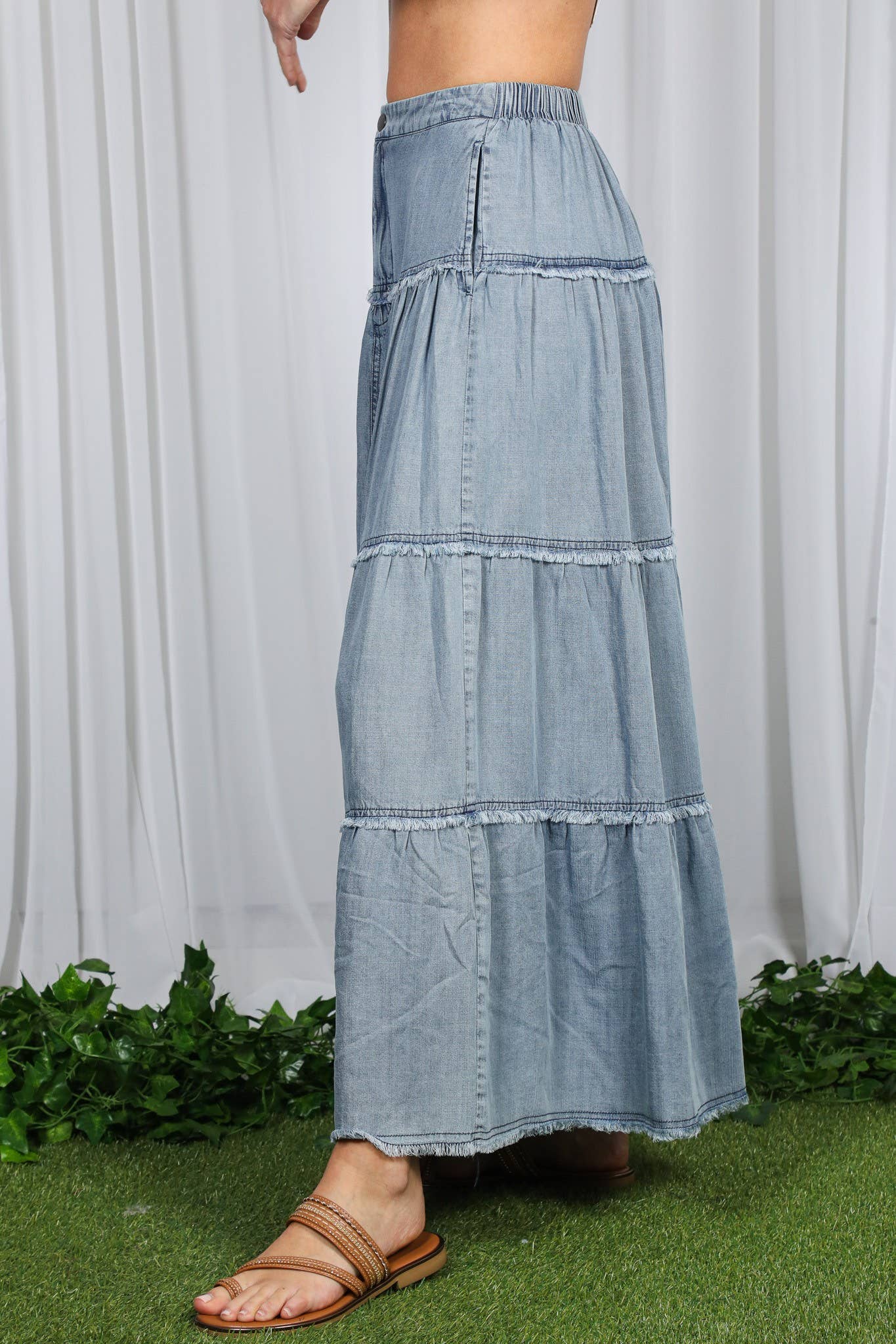 Tiered Denim Maxi Skirt