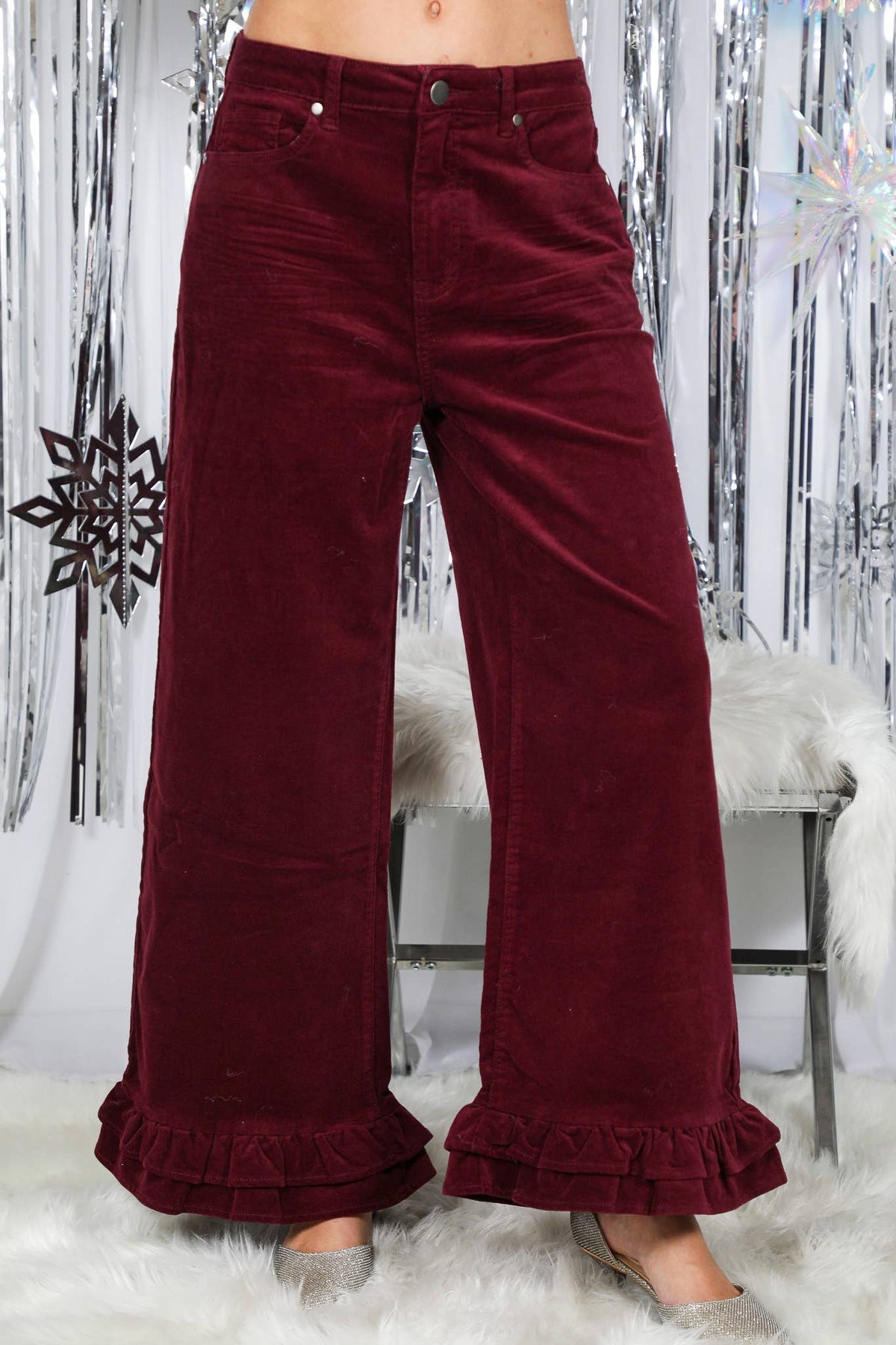 Corduroy Wide-Leg Ruffle Pants