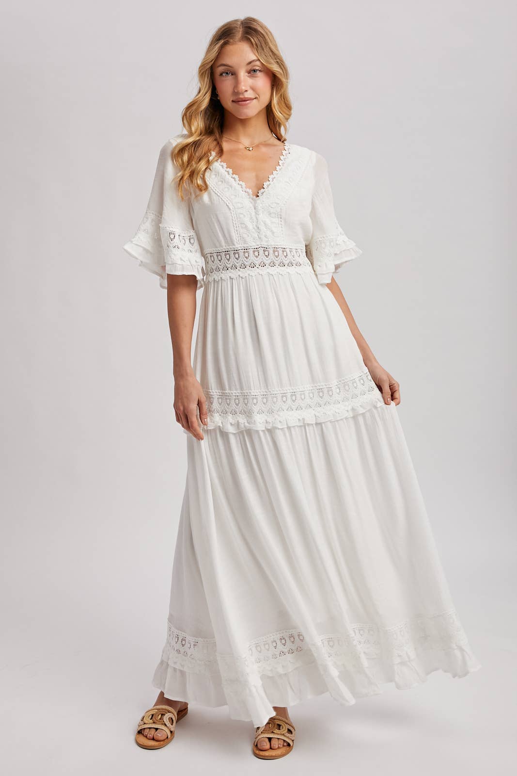 V-NECK LACE TRIM MAXI
