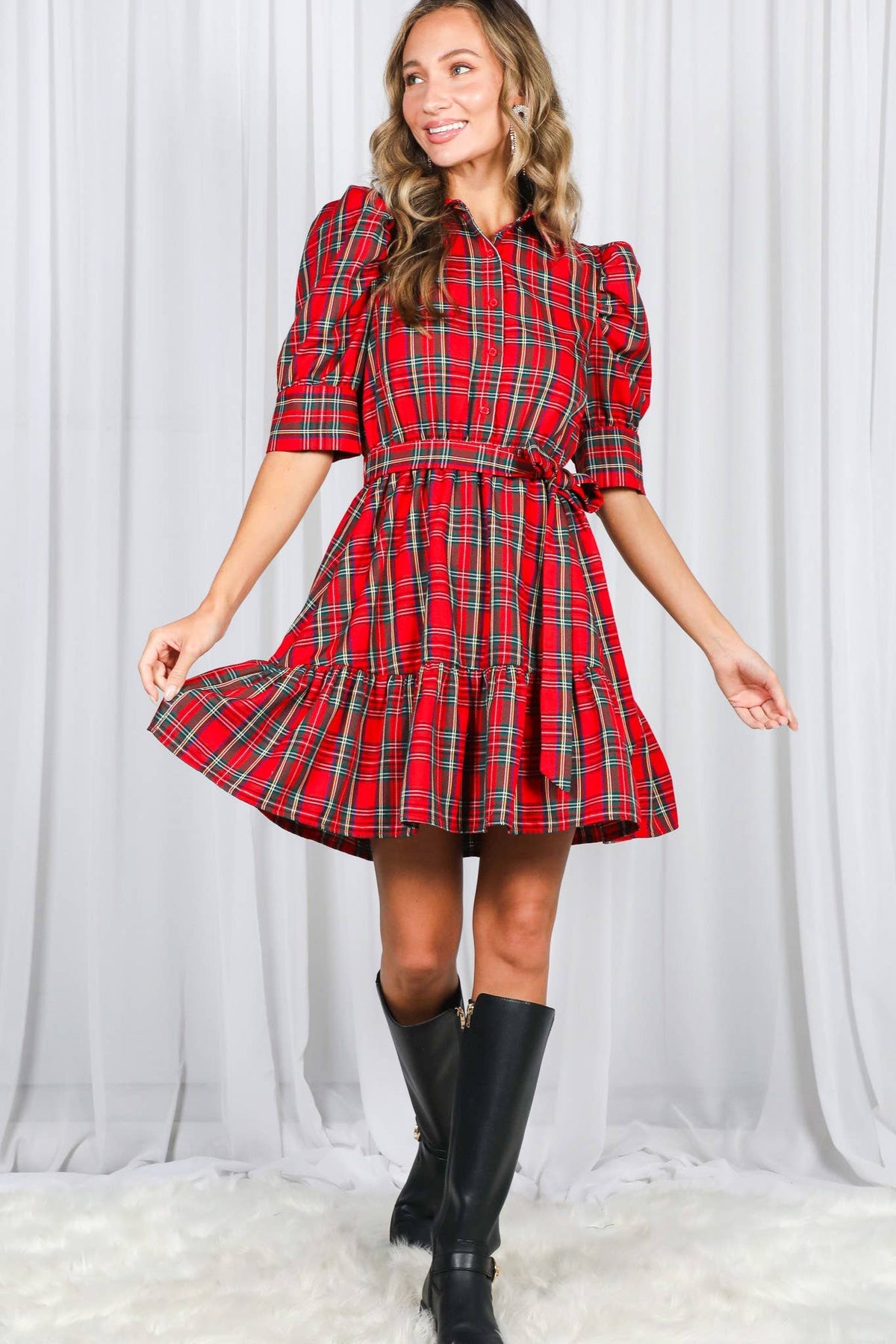 Plaid  Puff Sleeve Mini Dress