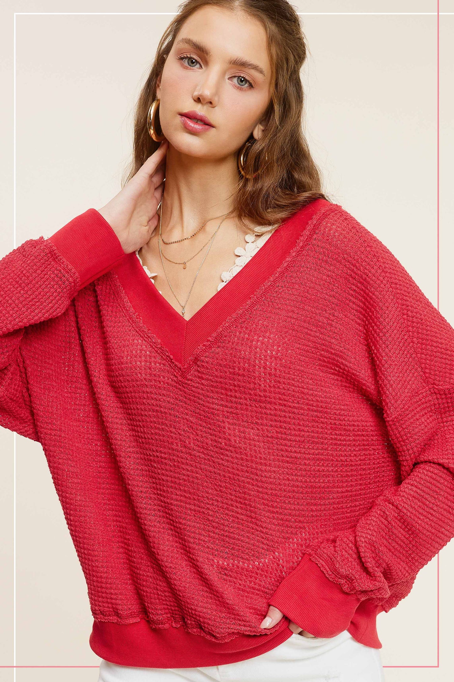 V-neck Waffle Long Sleeve Top