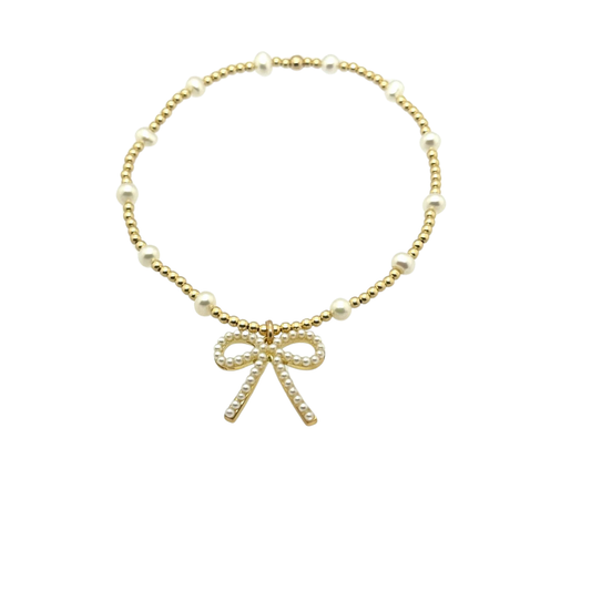 "BARA + FWP BOW" Charm Gold Filled & Pearl Beaded Bracelet