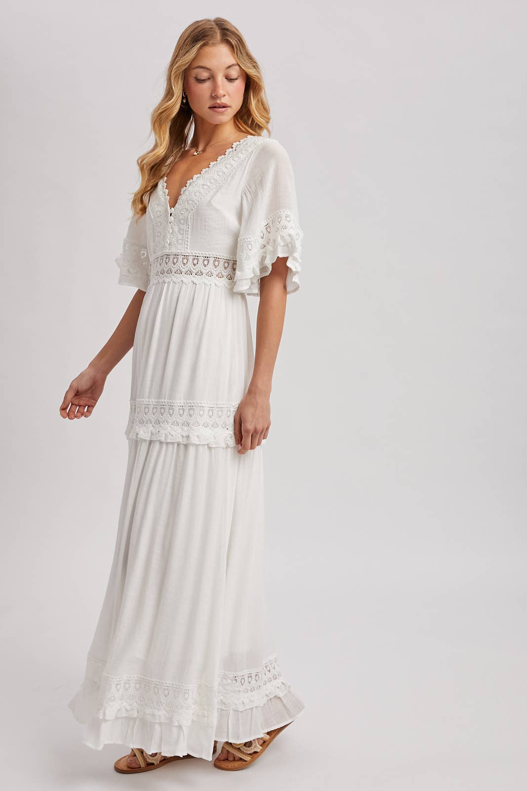 V-NECK LACE TRIM MAXI