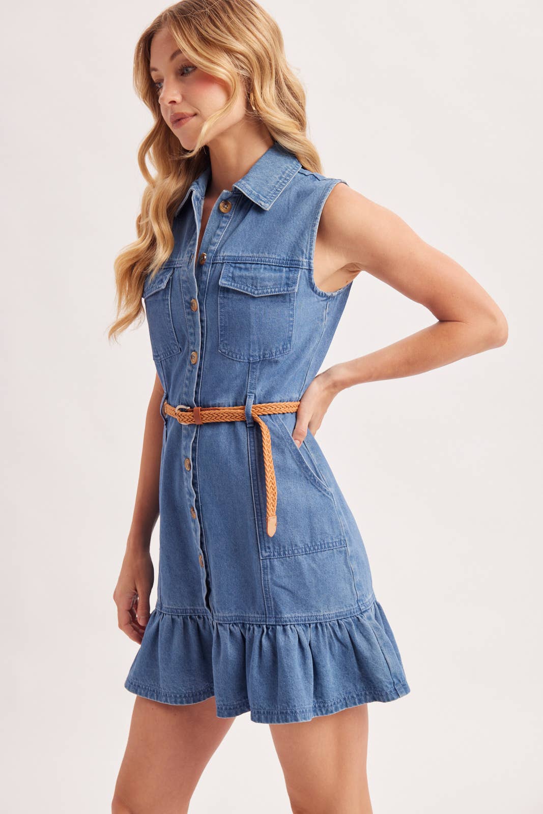BUTTON DOWN DENIM DRESS W/BELT