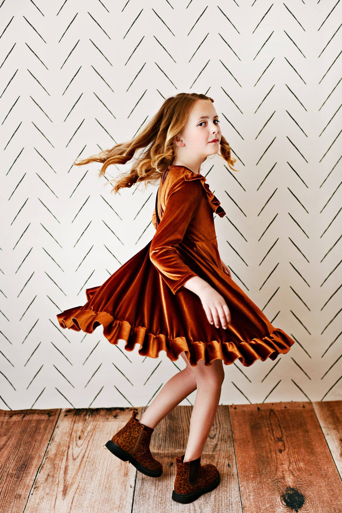 Kids Rust Velvet Ruffle Fancy Winter Christmas Holiday Dress