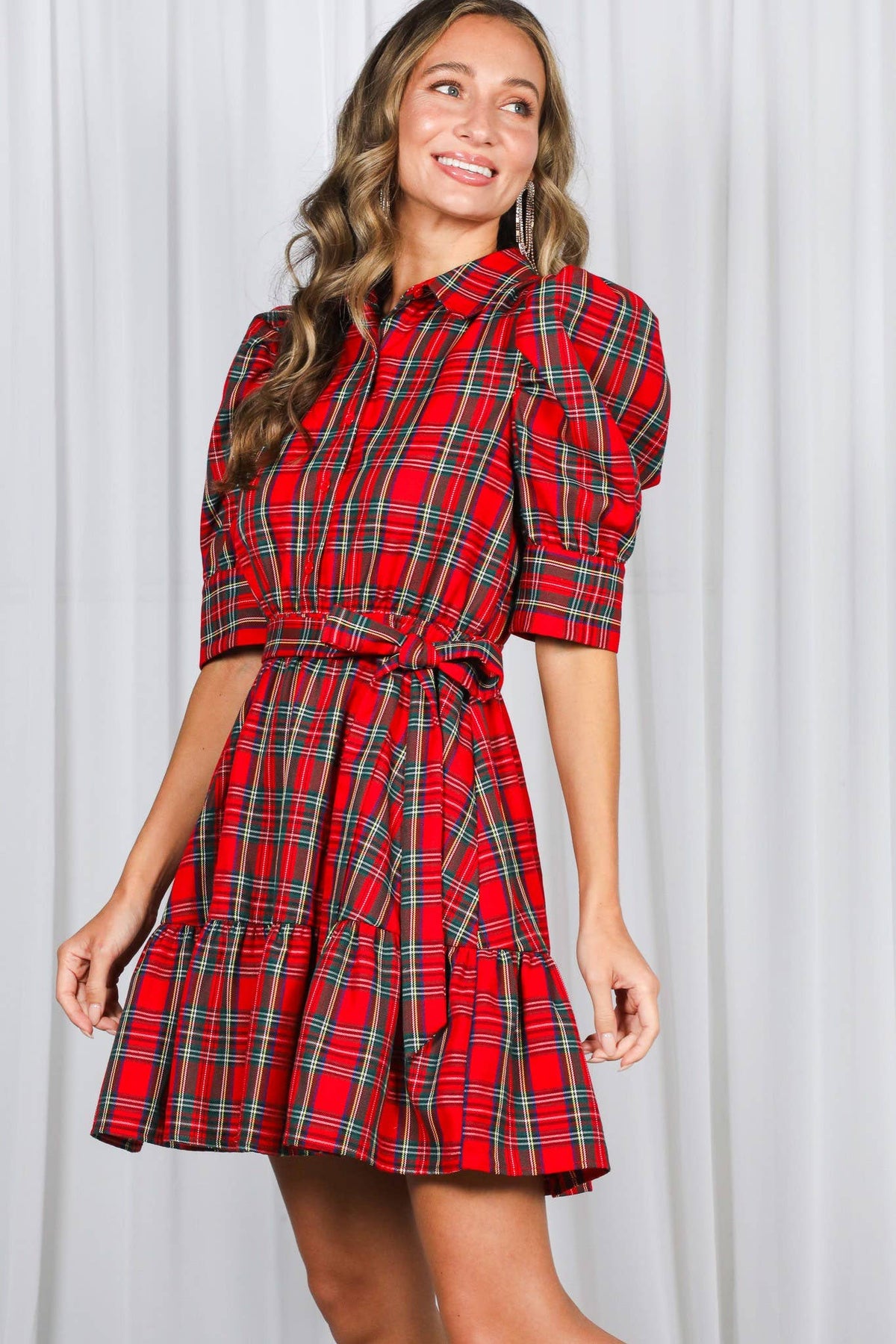 Plaid  Puff Sleeve Mini Dress