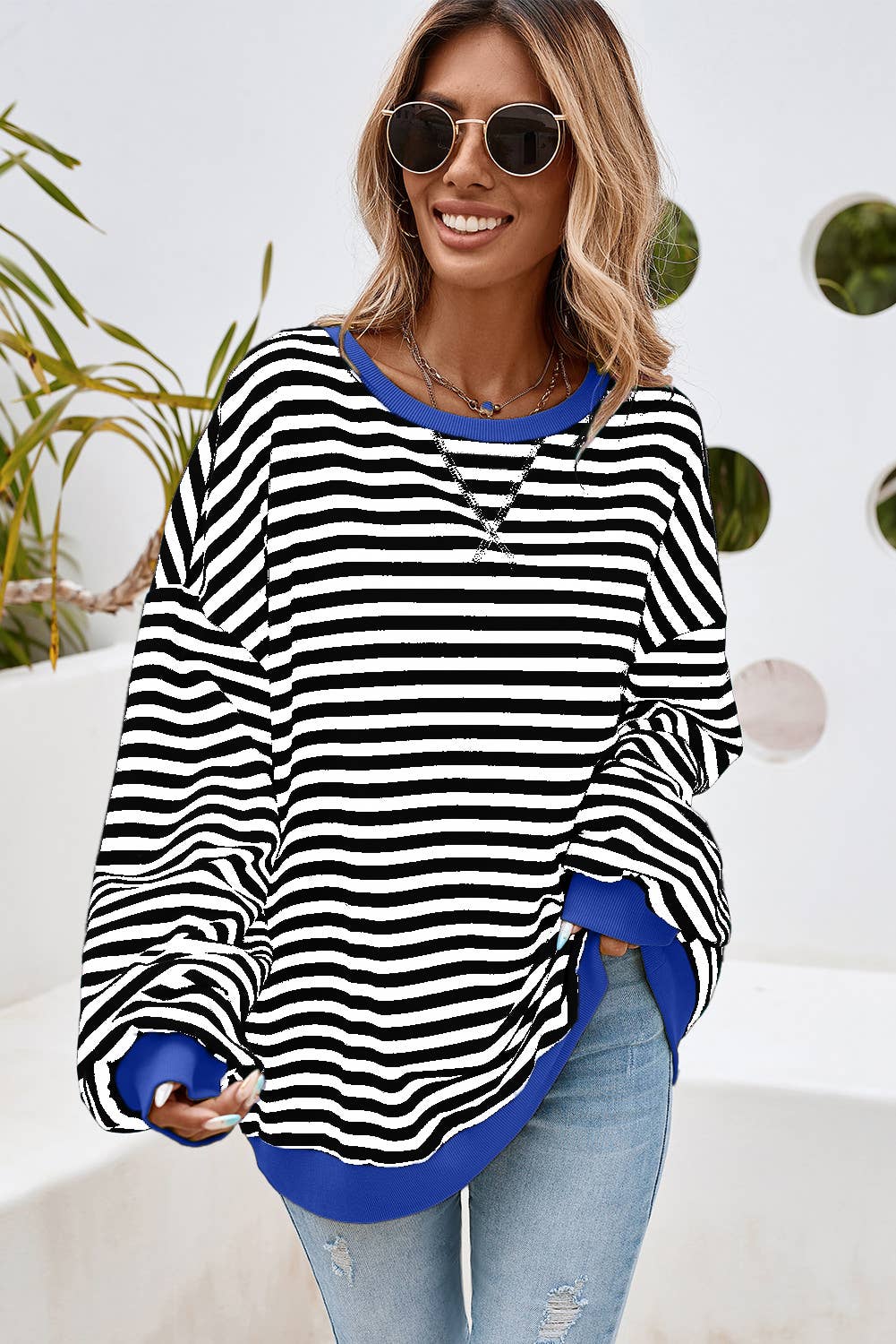 LDC Stripe Contrast Trim Oversized Pullover Sweatshirt