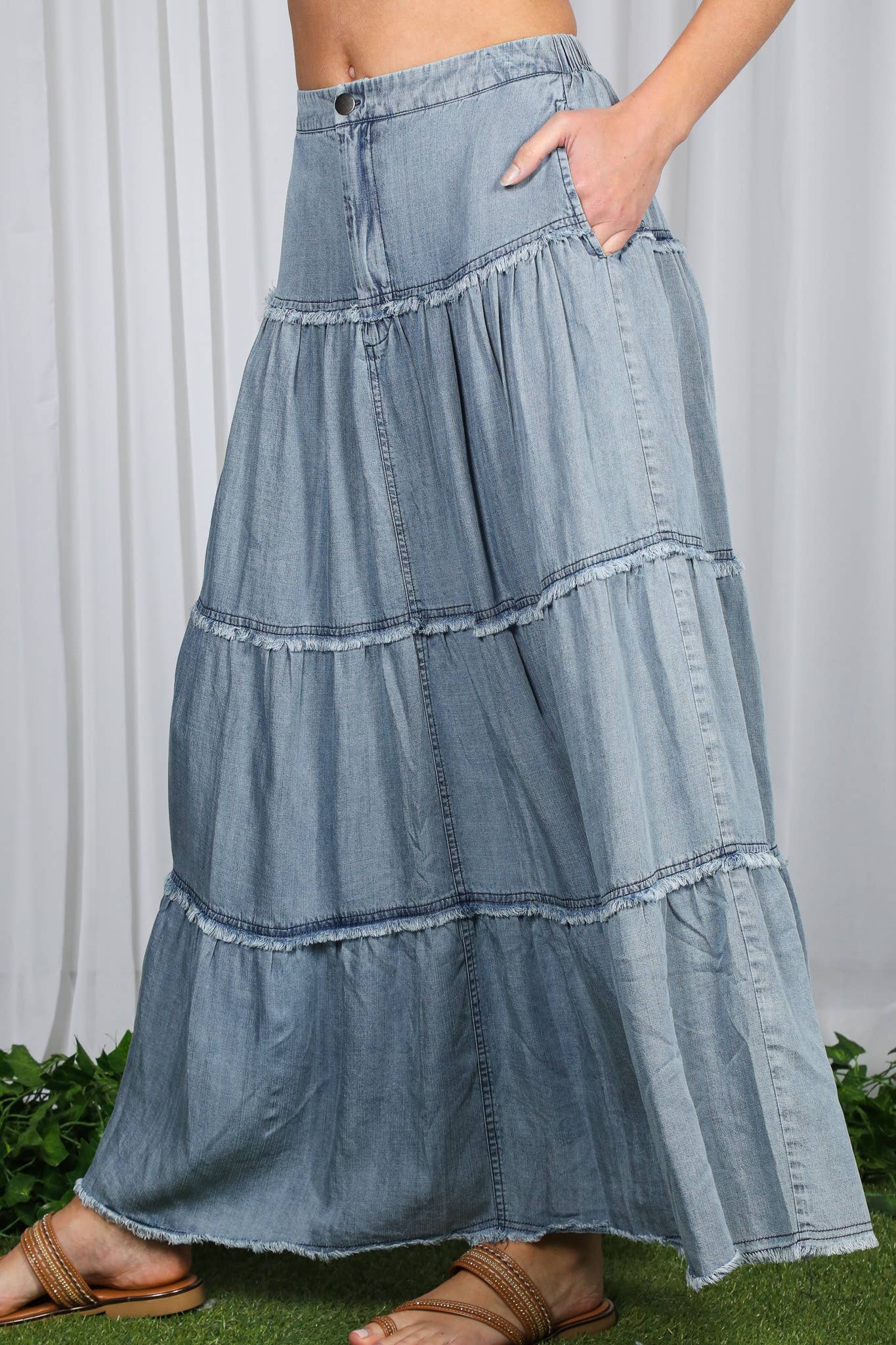 Tiered Denim Maxi Skirt