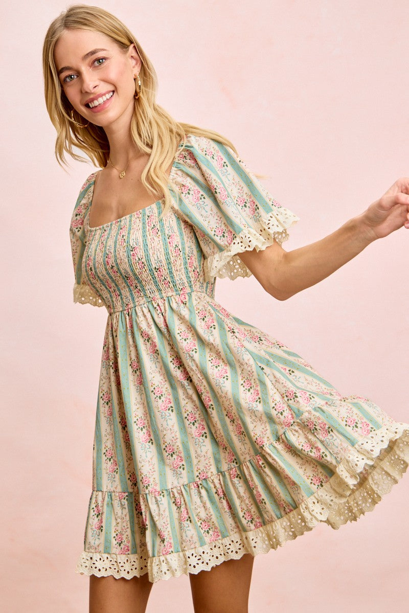 Striped Floral Smocked Dress