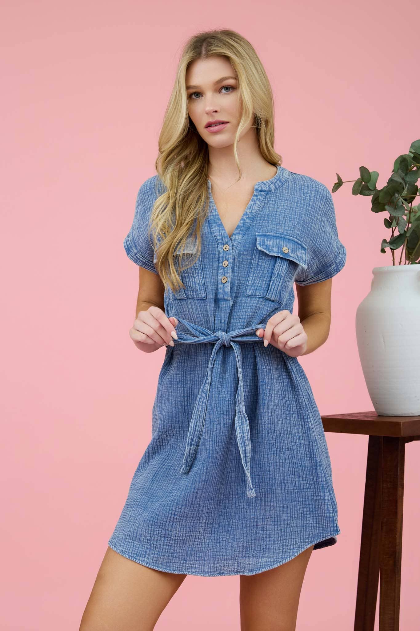 HALF BUTTON WAIST TIE MINI DRESS