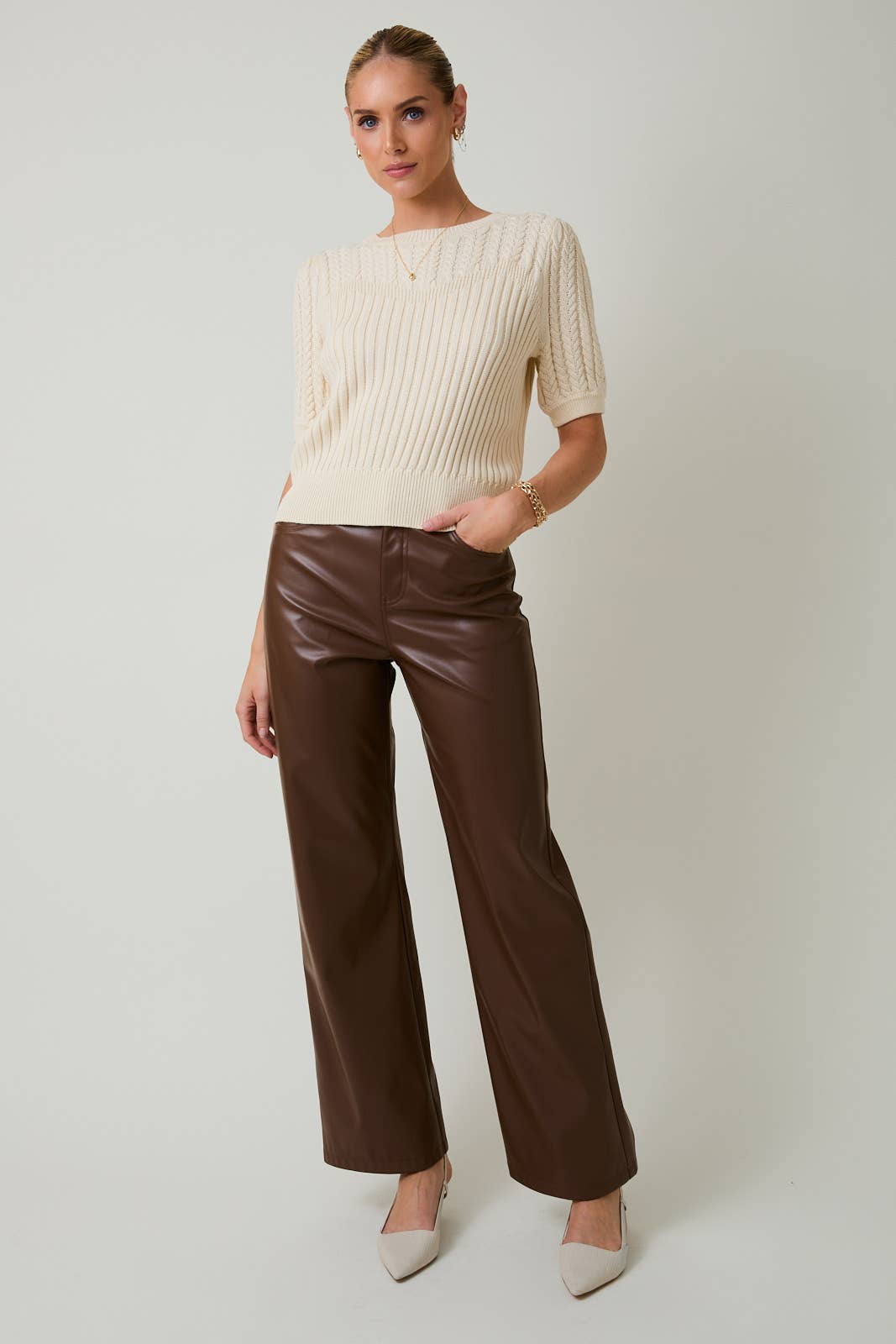 PUFF SLEEVE CABLE SWEATER