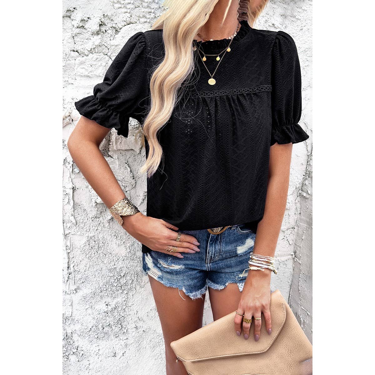 Lace Hollow Out Ruffle Loose Fit Blouse