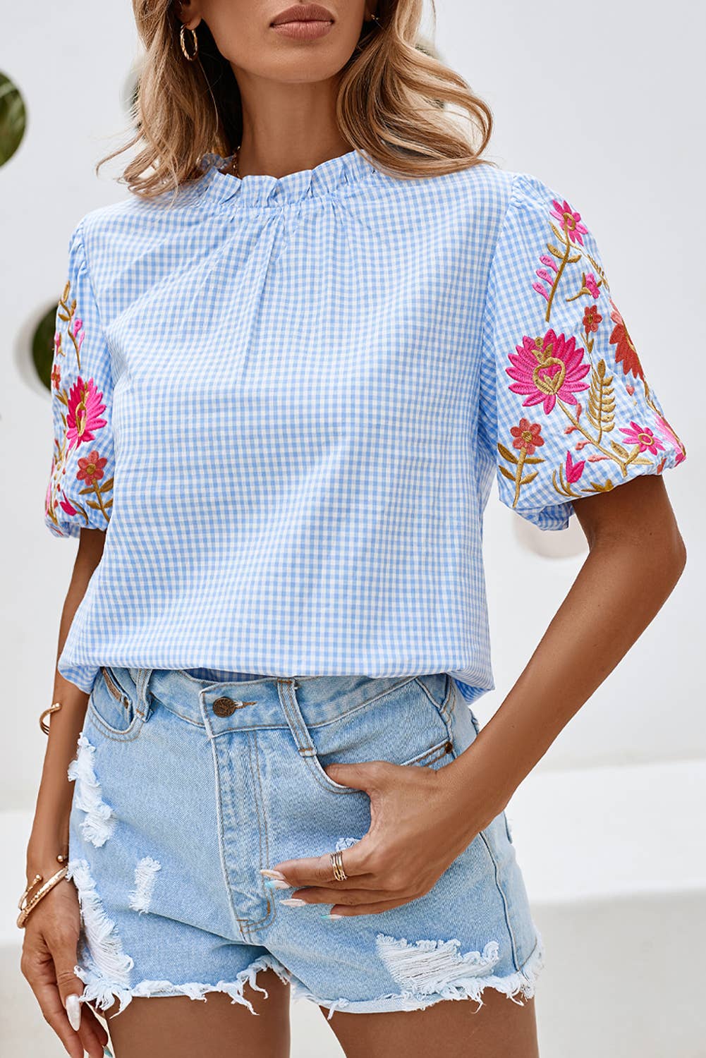 LDC Gingham Embroidered Puff Sleeve Blouse