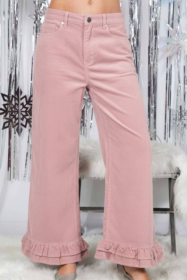 Corduroy Wide-Leg Ruffle Pants