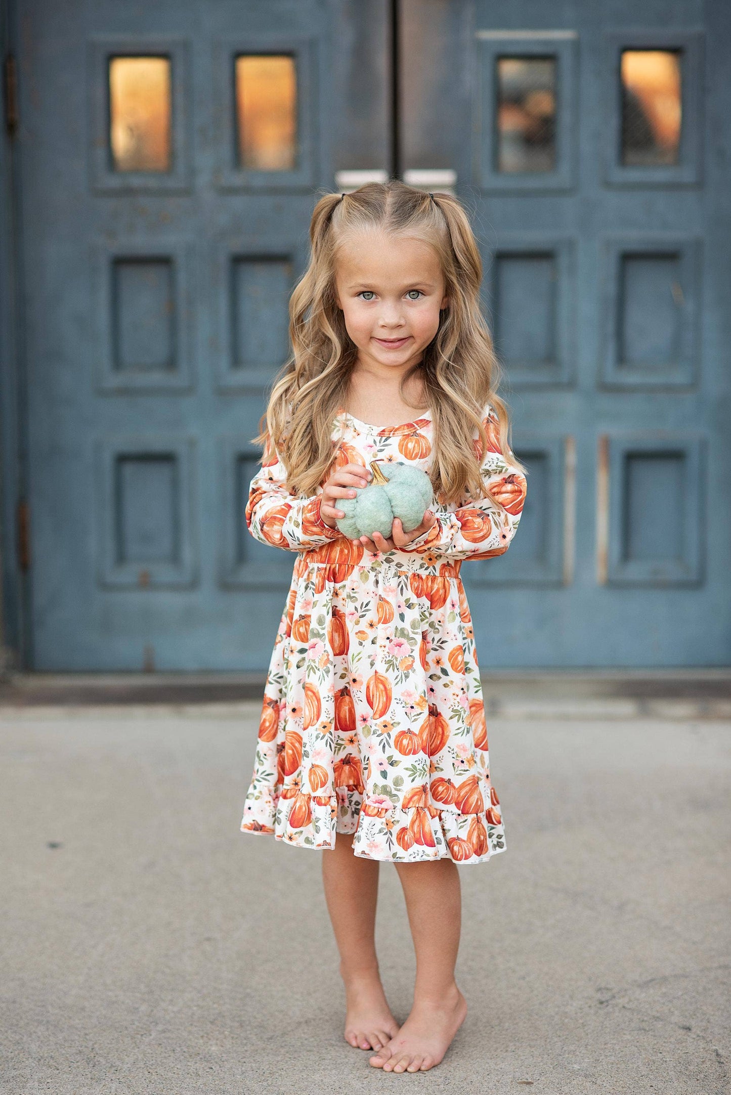 Kids Pumpkin & Floral Print Long Sleeve Fall Twirl Dress