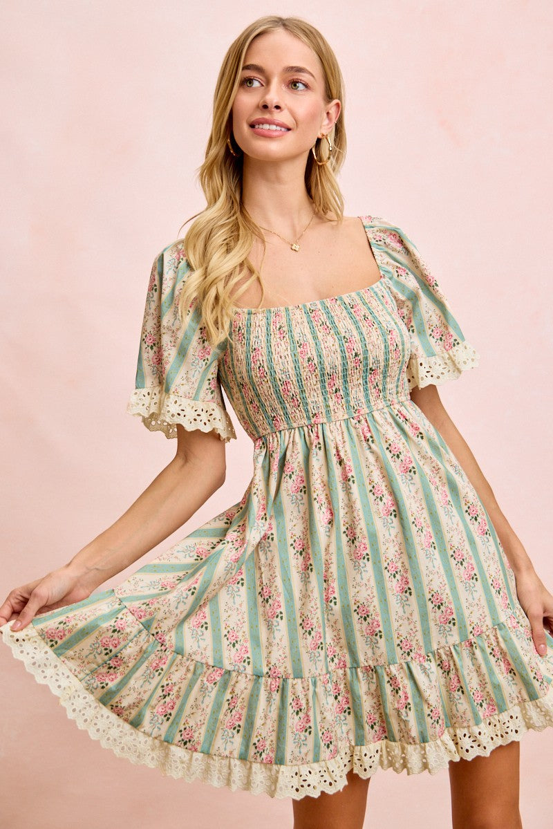 Striped Floral Smocked Dress