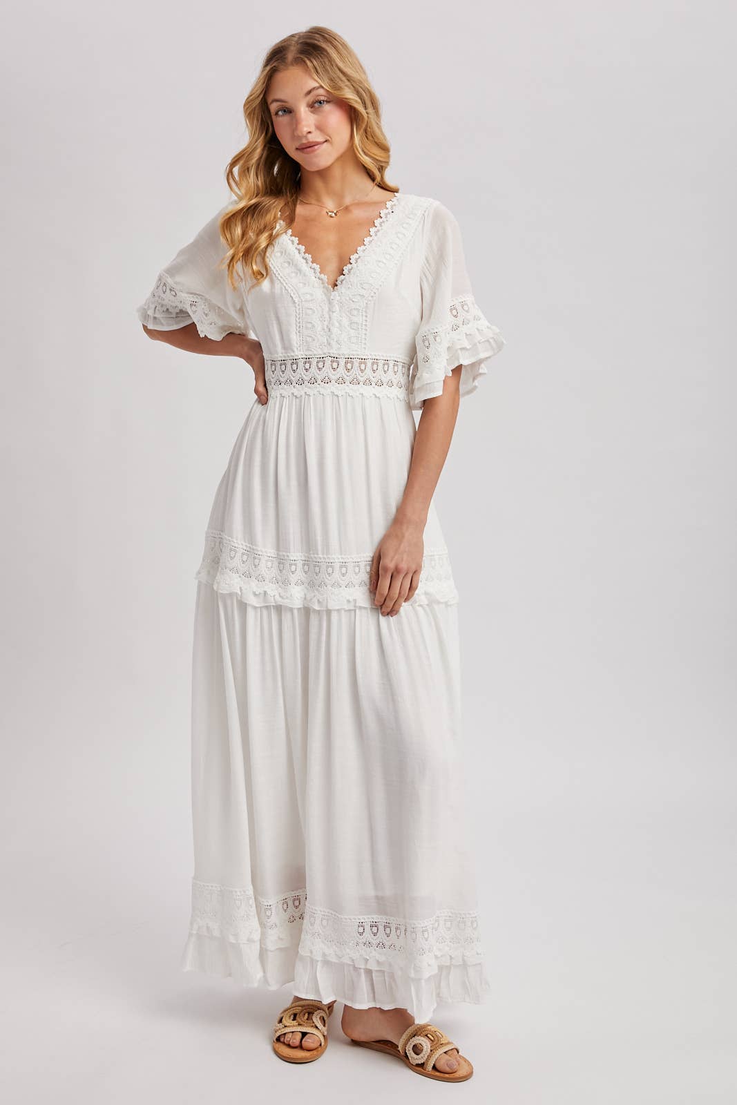 V-NECK LACE TRIM MAXI