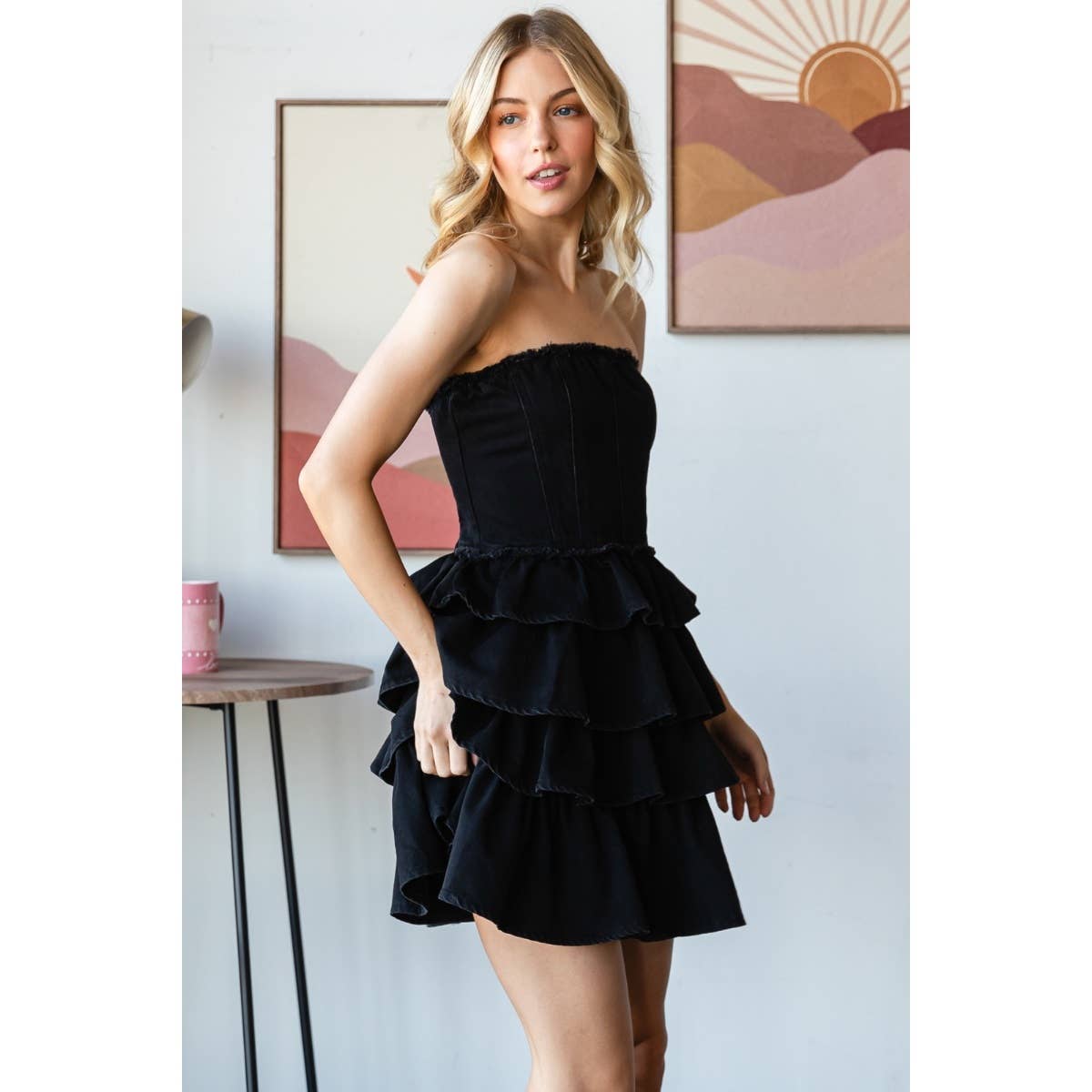 DENIM RUFFLED MINI DRESS